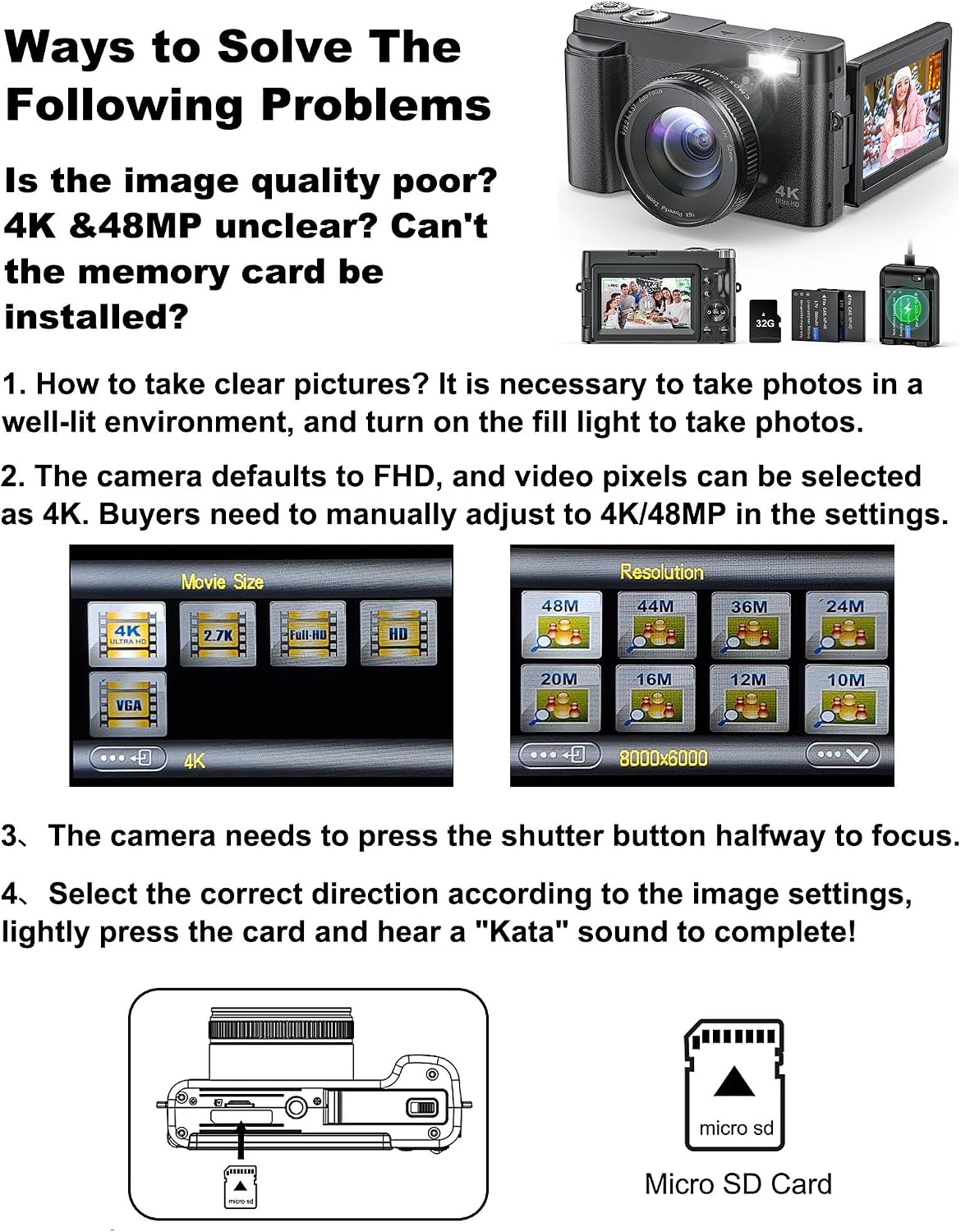 4K Digital Camera for Beginners & Teens, with Flip Screen, 32G Card(Black)