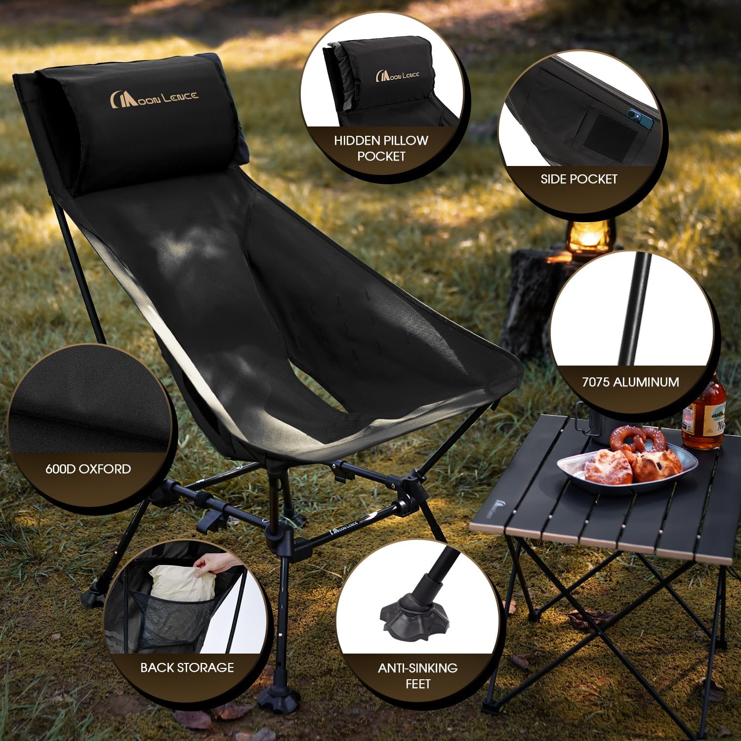 MOON LENCE Oversized High Back Camping Chair for Adults, Height Adjustable Folding Camp Chair | 400 lbs Capacity & 5.4 lbs Weight, Hidden Pillow Pocket Wide Seat for Camping Fishing Overlanding, Black