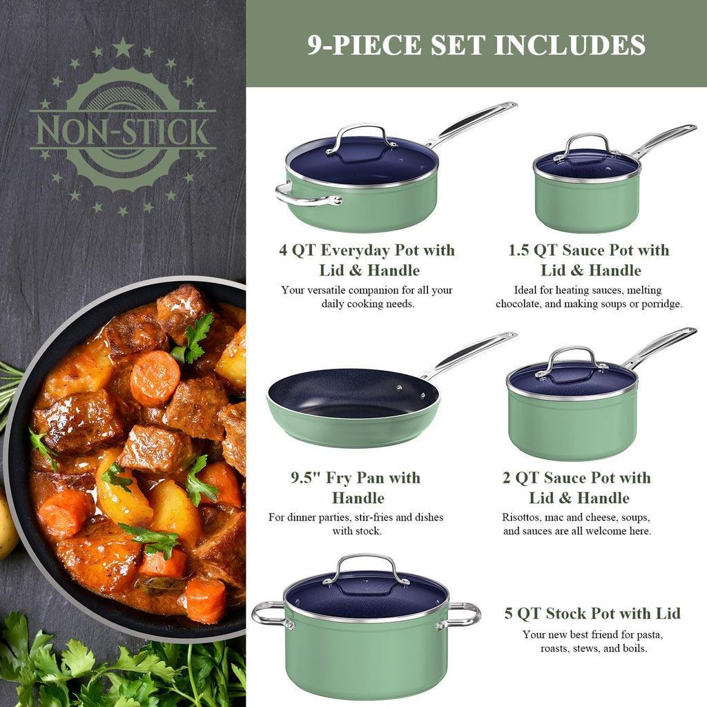 Nuwave 9pc Cookware Set Healthy Duralon Blue Ceramic Nonstick Coated