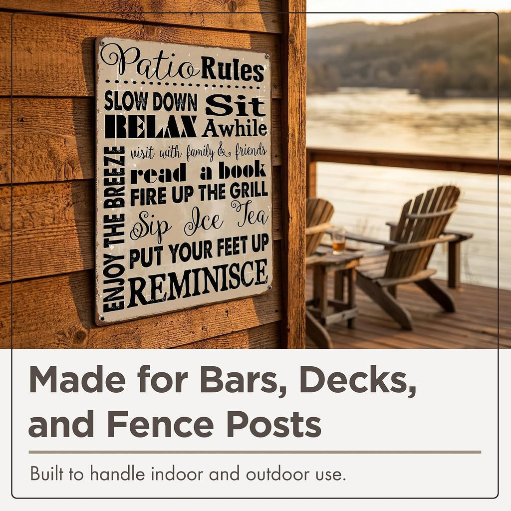 Homebody Accents Patio Rules Sign - Rustic Steel Porch Wall Decor, Outdoor Sign for Back Patio, Deck and Screened Porch, Positive Thinking Home Gift, Made in USA - 12"x16"