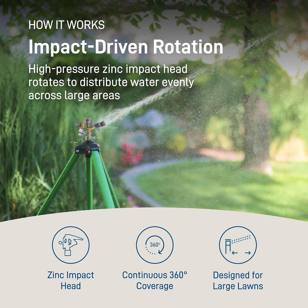 Orbit Tripod Lawn Zinc Impact Sprinkler - 360 Degree Rotating Yard Sprinkler with Adjustable Height - Heavy-Duty Zinc - High-Pressure Nozzle - for Large Lawn Coverage - 56667
