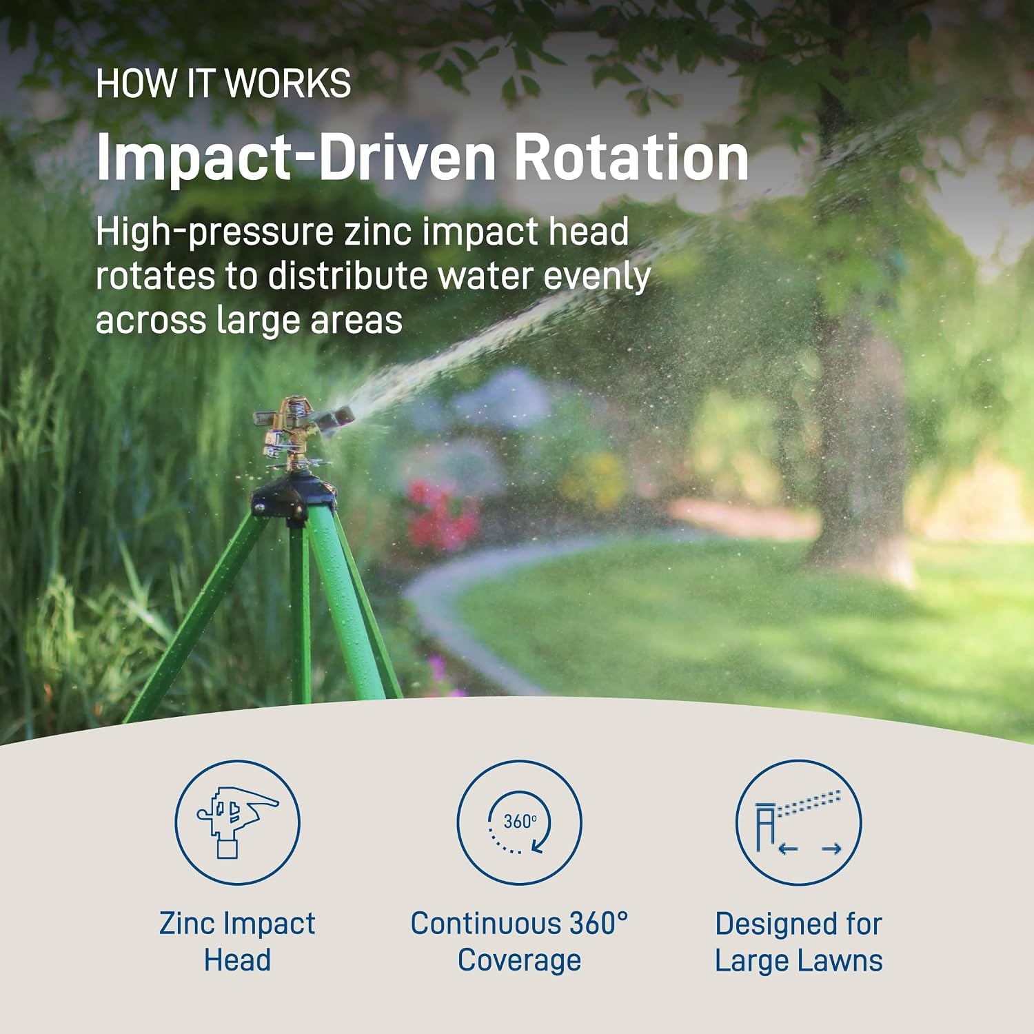 Orbit Tripod Lawn Zinc Impact Sprinkler - 360 Degree Rotating Yard Sprinkler with Adjustable Height - Heavy-Duty Zinc - High-Pressure Nozzle - for Large Lawn Coverage - 56667