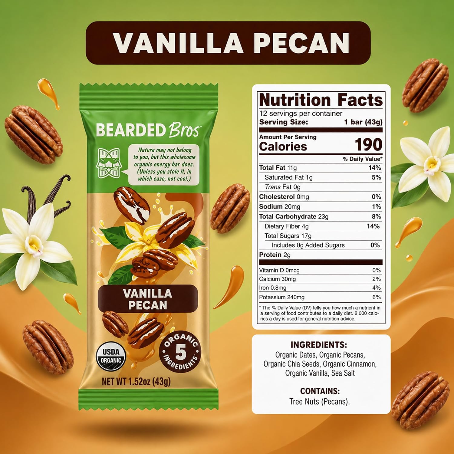 Bearded Brothers Vegan Bars, Organic Energy Bars Vanilla Pecan, 12 Count