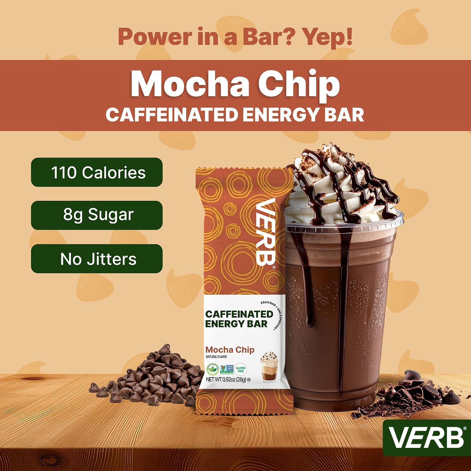 Verb Caffeinated Energy Bars Mocha Chip (26g, Pack of 16) 110 Calories
