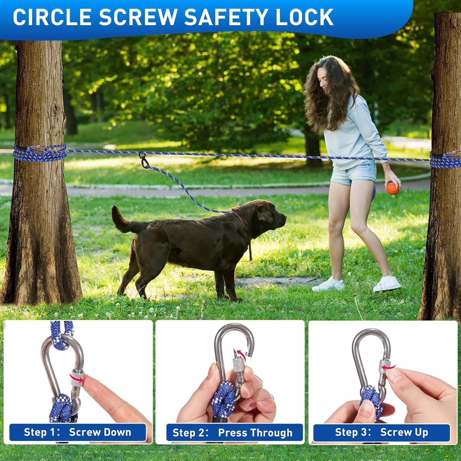 50ft Dog Tie Out Cable Holds 350lbs Dog Runner for Yard Camping Outdoor
