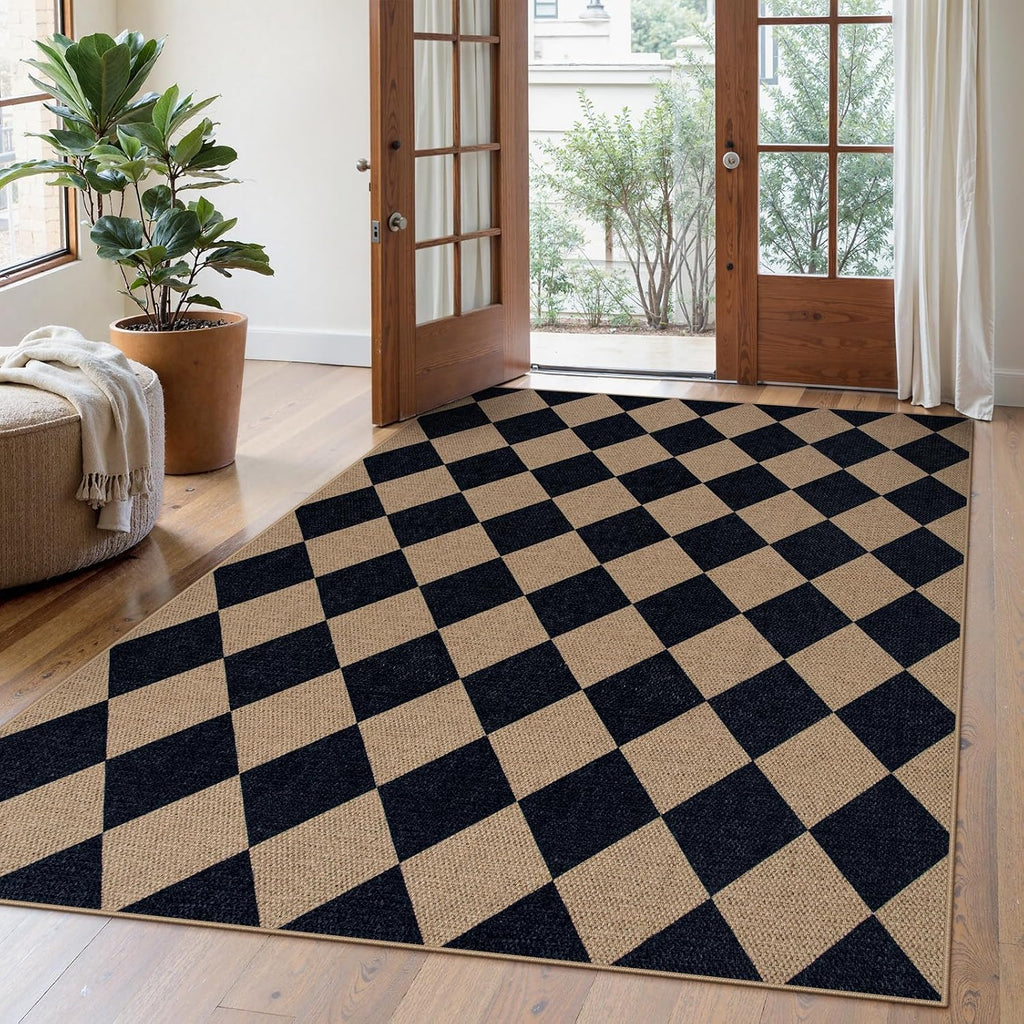 Lahome Checkered Easy Jute 5x7 Outdoor Rug, Washable Rugs for Living Room