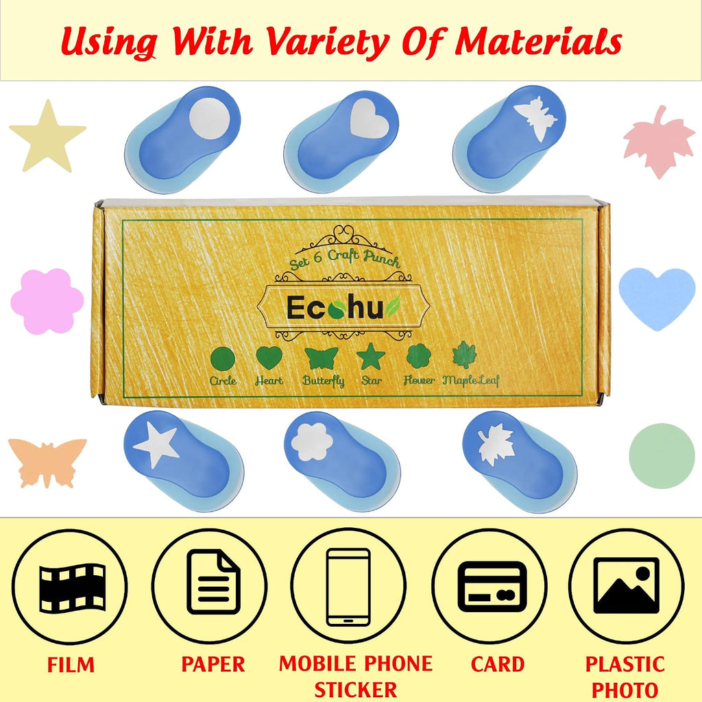 ECOHU Set 6 Craft Hole Punch 1-inch, Craft Punchers - Heart, Circle, Star, Butterfly, Maple Leaf, Flower Paper Punch Sets for Crafting & DIY Projects. (Set 6)