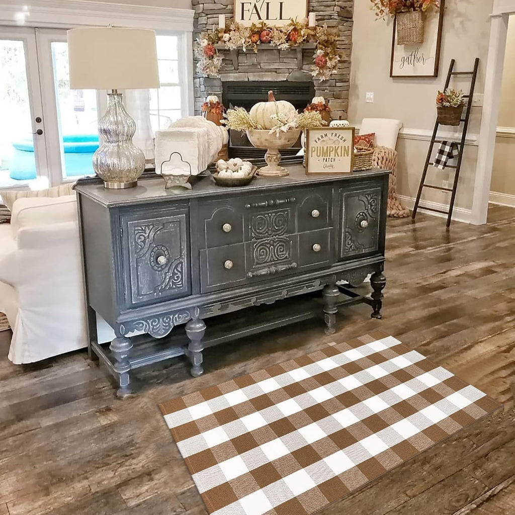 CAINANEL Fall Ourdoor Rug Farmhouse Brown and White Buffalo Check Rug Layered Welcome Door Mat for Front Porch Decor, Front Door, Farmhouse Decor(35.4''x59'', Coffee and White)