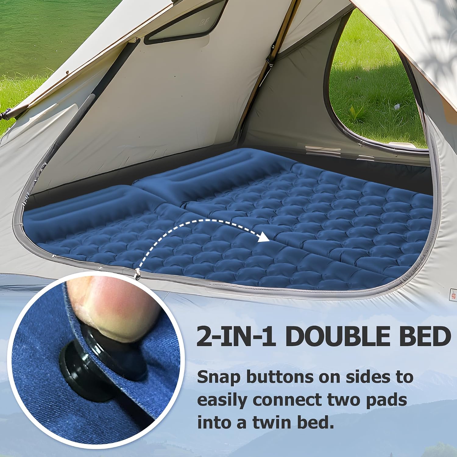 Toncoke Sleeping Pad, 4.7" Extra-Thick & Ultralight Inflatable Camping Mat with Pillow, Built-in Foot Pump, Compact for Backpacking, Camping, Hiking, Travel — Navy Blue
