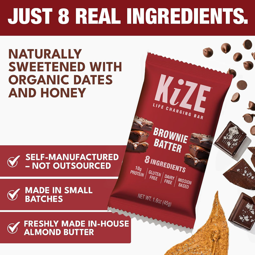 KiZE Energy Bars - Brownie Batter - 20-Count - Almond-Butter-Based, Gluten Free, Dairy Free, Non-GMO, and High Protein Meal Replacement Energy Bars, Clean and Simple Food Ingredients - 10g High Protein Snacks (20 Count)