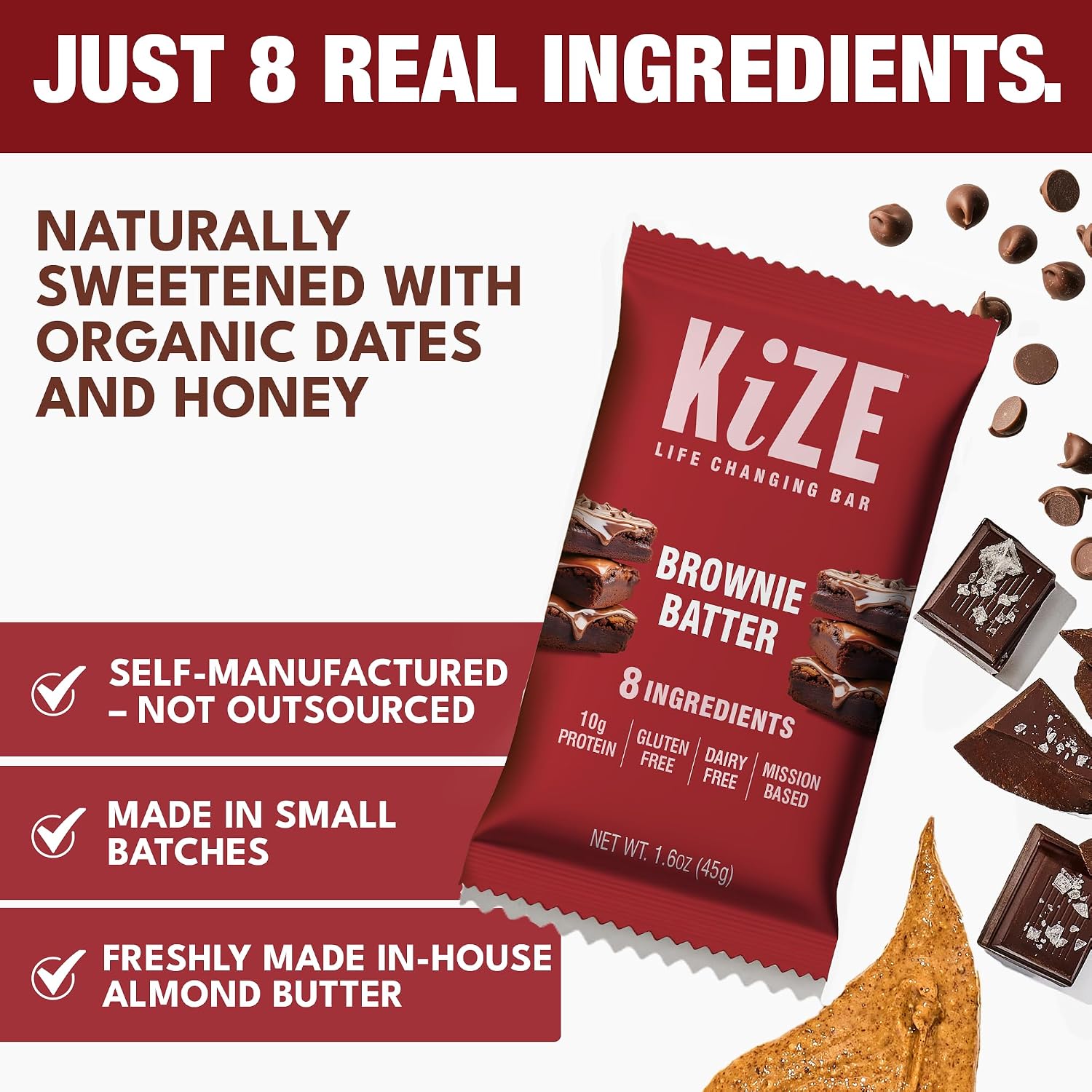 KiZE Energy Bars - Brownie Batter - 20-Count - Almond-Butter-Based, Gluten Free, Dairy Free, Non-GMO, and High Protein Meal Replacement Energy Bars, Clean and Simple Food Ingredients - 10g High Protein Snacks (20 Count)