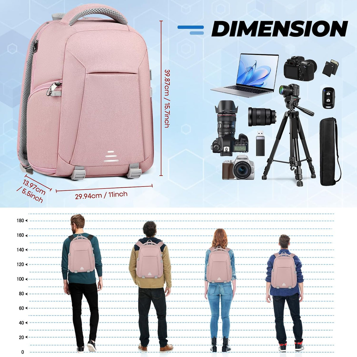 RAINSMORE Camera Backpack for DSLR SLR Mirrorless Cameras - Professional 14 Inch Laptop Compartment Waterproof Photography Bag with Tripod Holder & Rain Cover for Travel & Hiking, Pink