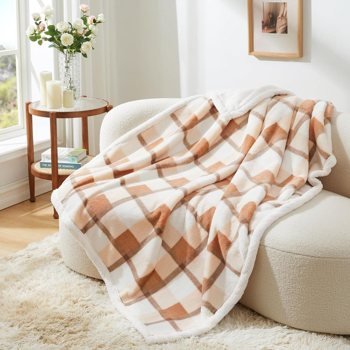 PU MEI Super Soft Faux Rabbit Fur Sherpa Fleece Throw Blanket, Reversible Luxury Cozy Cute Furry Blanket, Plush Warm Shaggy Fluffy Checkered Blankets for Sofa Couch Bed (Beige-Plaid, 60" x 80")