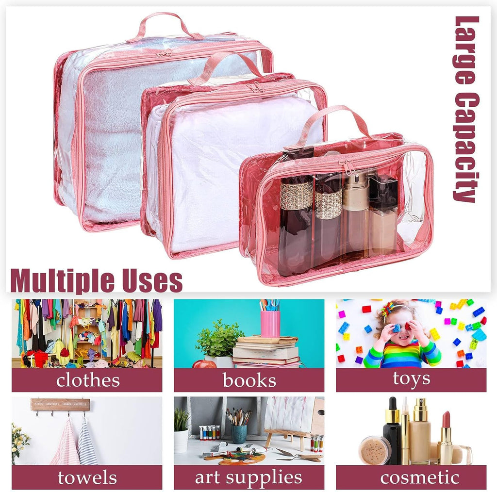 Hillban 6 Pcs Large Clear Packing Cubes for Travel, 3 Sizes PVC Bags, Pink