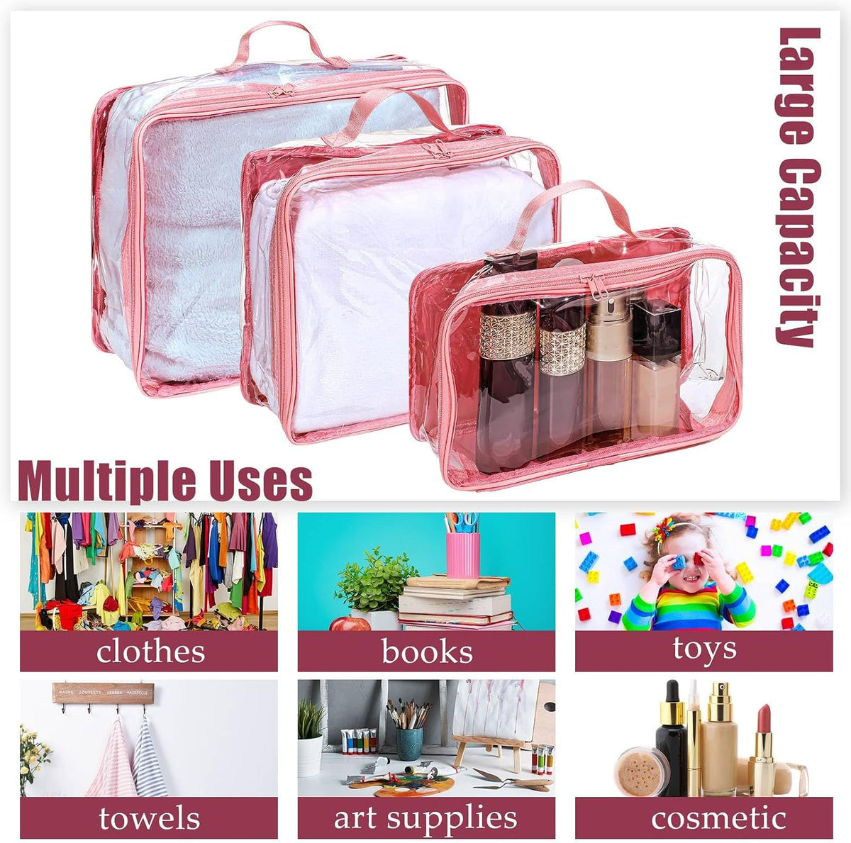 Hillban 6 Pcs Large Clear Packing Cubes for Travel, 3 Sizes PVC Bags, Pink