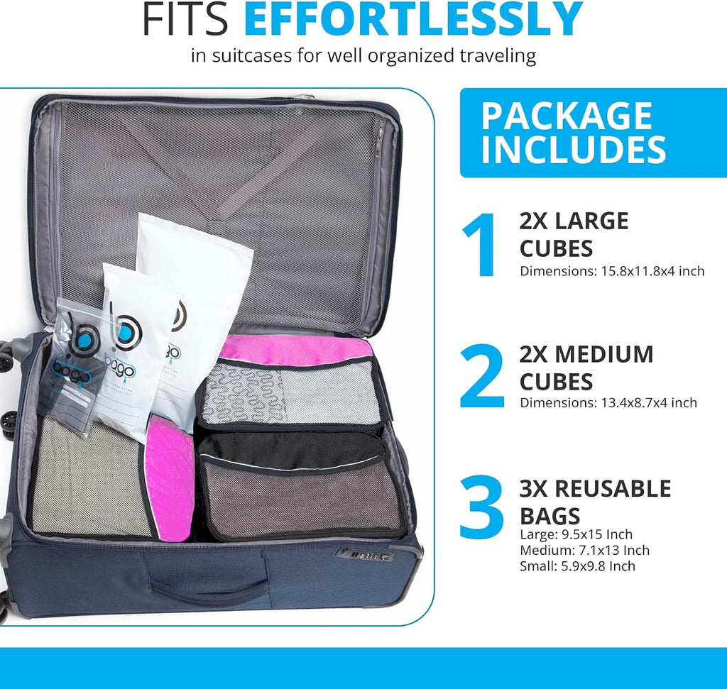 bago 7 Pcs Packing Cubes for Travel - 4 Travel Packing Cubes for Suitcases with 3 ZipLock Bags - Luggage Organizer Bags to Get Maximum Storage, Save Time & Effort to Pack (Black Pink)