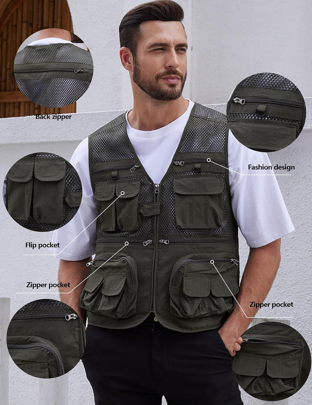 Gihuo Men's Fishing Vest Utility Safari Travel Vest with Pockets Outdoor Work Photo Cargo Fly Summer Vest