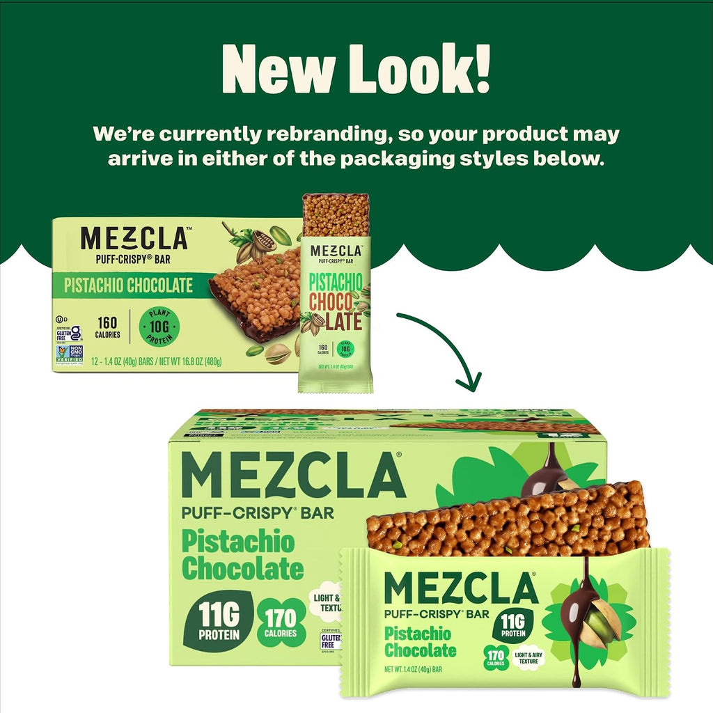 Mezcla Pistachio Chocolate Puff Crispy Vegan Bars, 11g Protein, 12 Bars