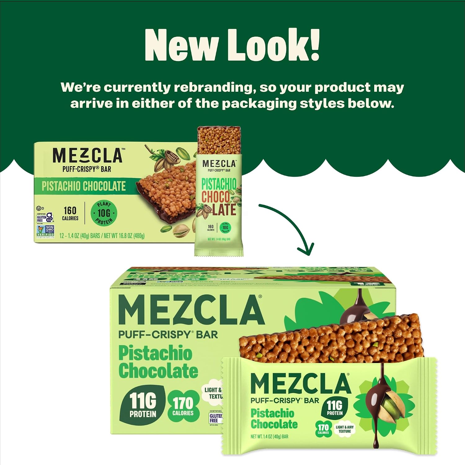 Mezcla Pistachio Chocolate Puff Crispy Vegan Bars, 11g Protein, 12 Bars