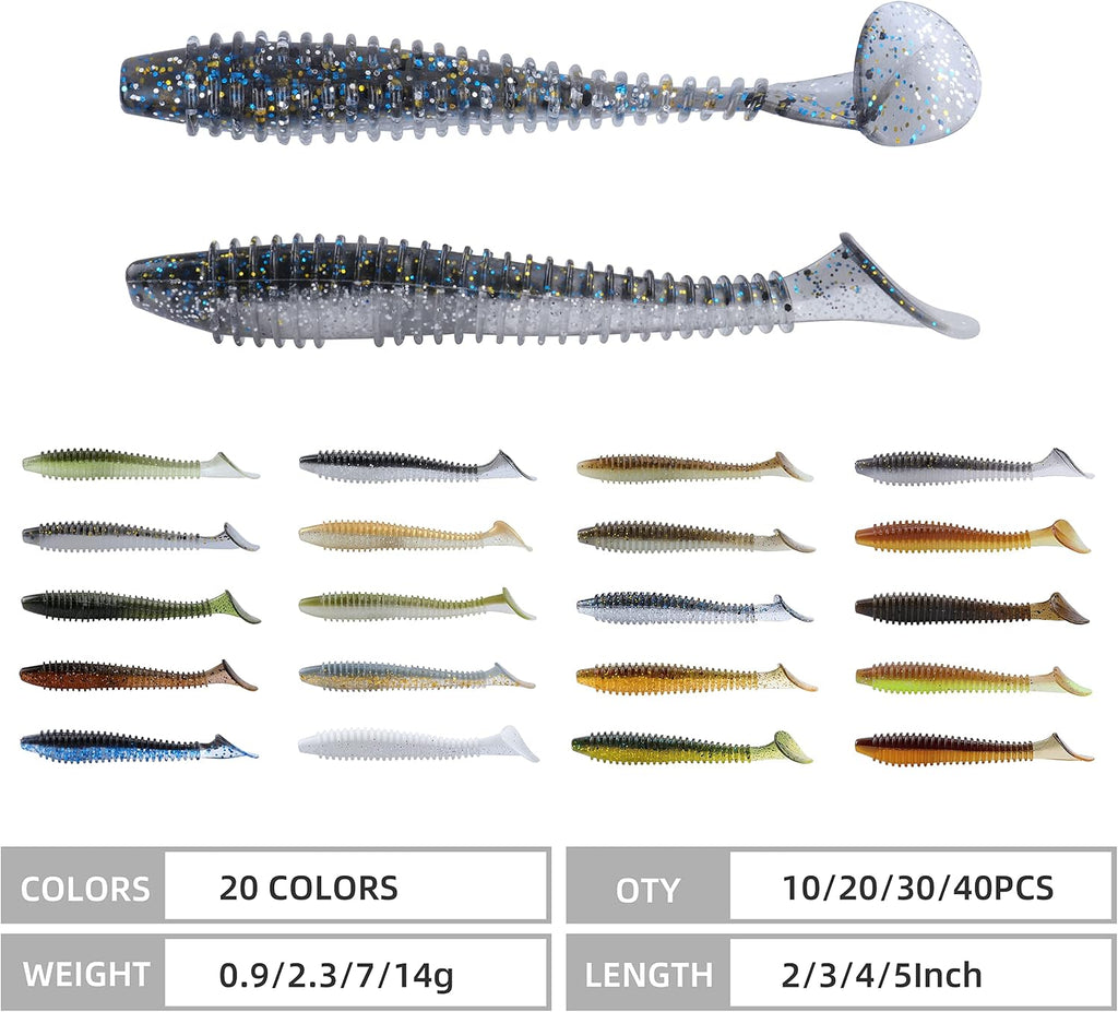 RUNCL Swimbaits Paddle 10/20/30/40PCS, 5/4/3/2 Inchs Paddle Tail, Soft Lure for Trout Crappie Bass, Durable Plastic Bait Swimmer for Saltwater/Freshwater, Fishing Lover's Gift