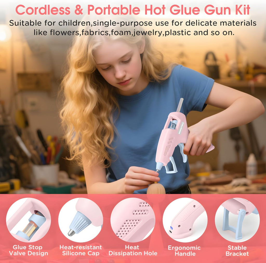 Pink Cordless Hot Glue Gun with 30 Sticks, Fast Heating 2.6Ah Rechargeable
