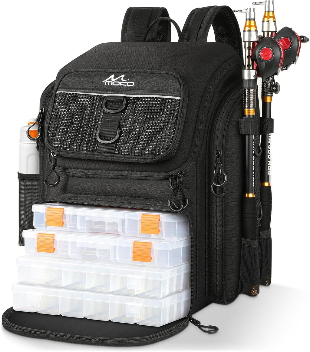 MoKo Large 40L Fishing Tackle Backpack with Rod Holders & Bait Binder