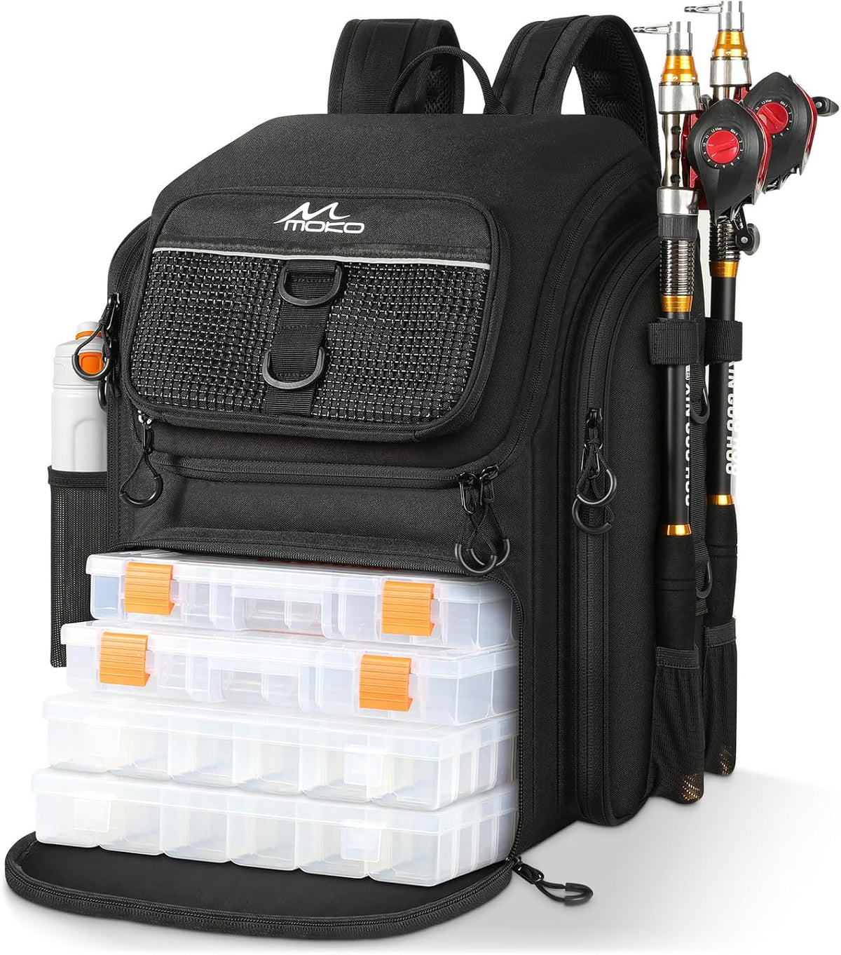 MoKo Large 40L Fishing Tackle Backpack with Rod Holders & Bait Binder