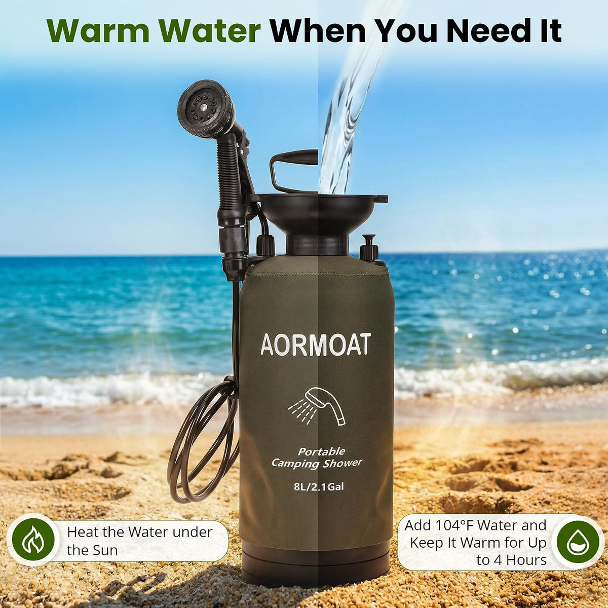 Portable Shower, 2.1 Gal/8L Camp Shower for Beach, RV & Outdoor
