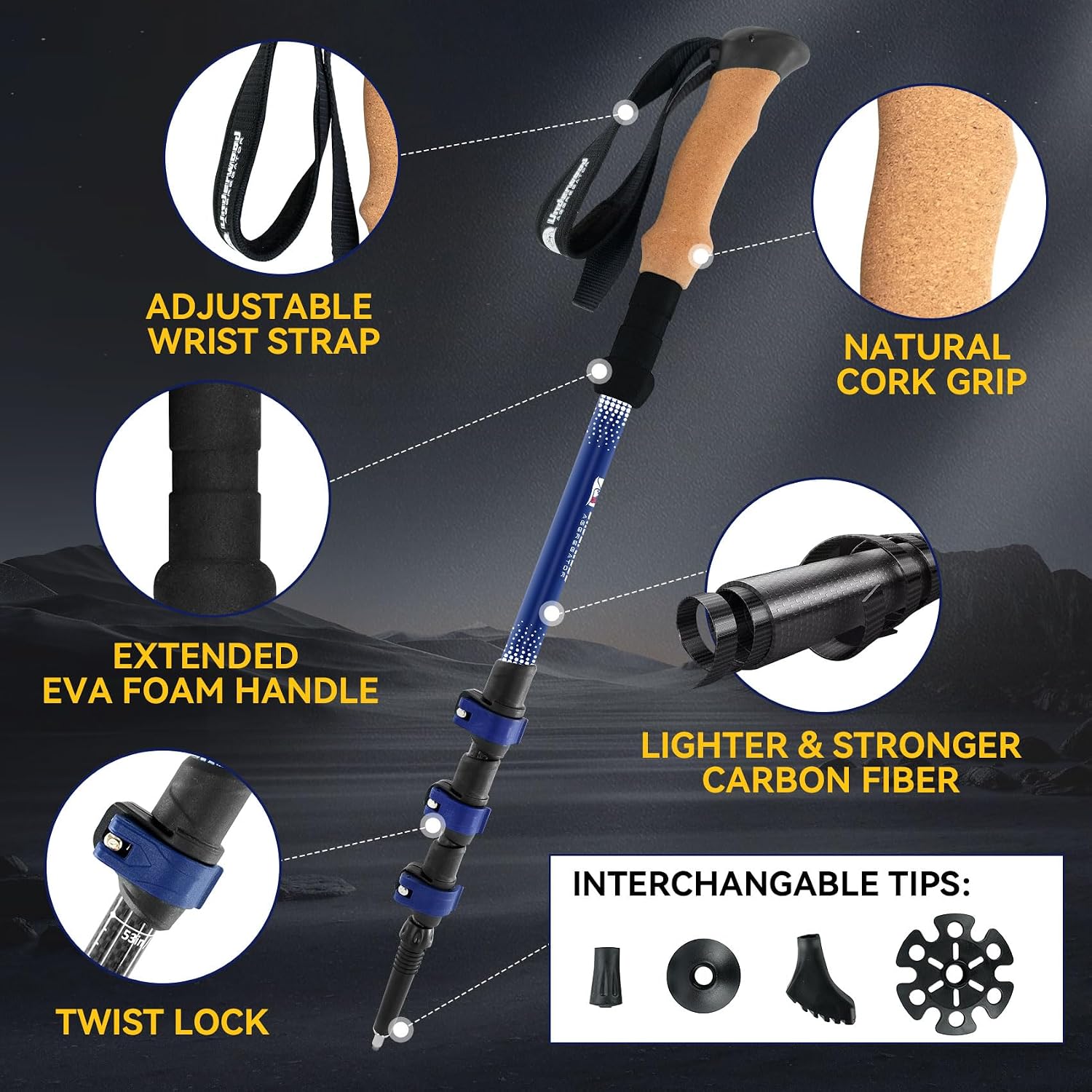 Carbon Fiber Trekking Poles for Hiking, Adjustable Cork Grip & Quick-Lock