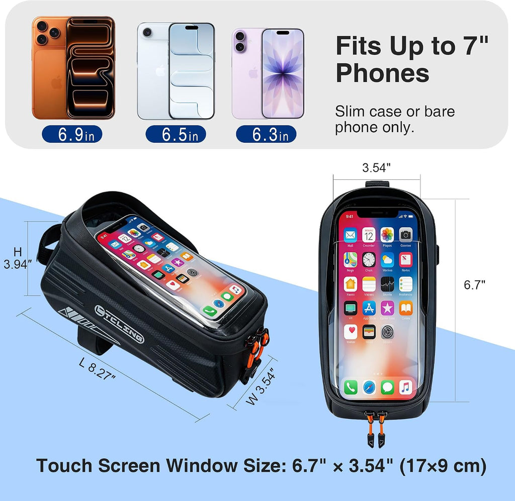 Bike Phone Bag with TPU Sensitive Touch, Waterproof Top Tube Bicycle Front Frame Bag, 1.9L Large Capacity EVA Hard Shell Mount Bike Phone Holder Bag Under 7", Handlebar Bag Bike Accessories