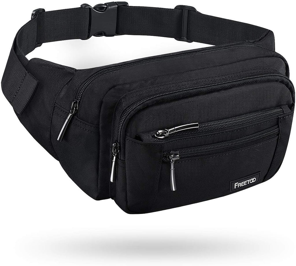 FREETOO Fanny Pack For Men Women, Large Capacity Waist Bag Black Belt Bag | 6 Pockets, Waterproof, Adjustable, Scratch-Resistant, Wear-Resistant, Travel Vacation Walking Hiking Running Park Fishing