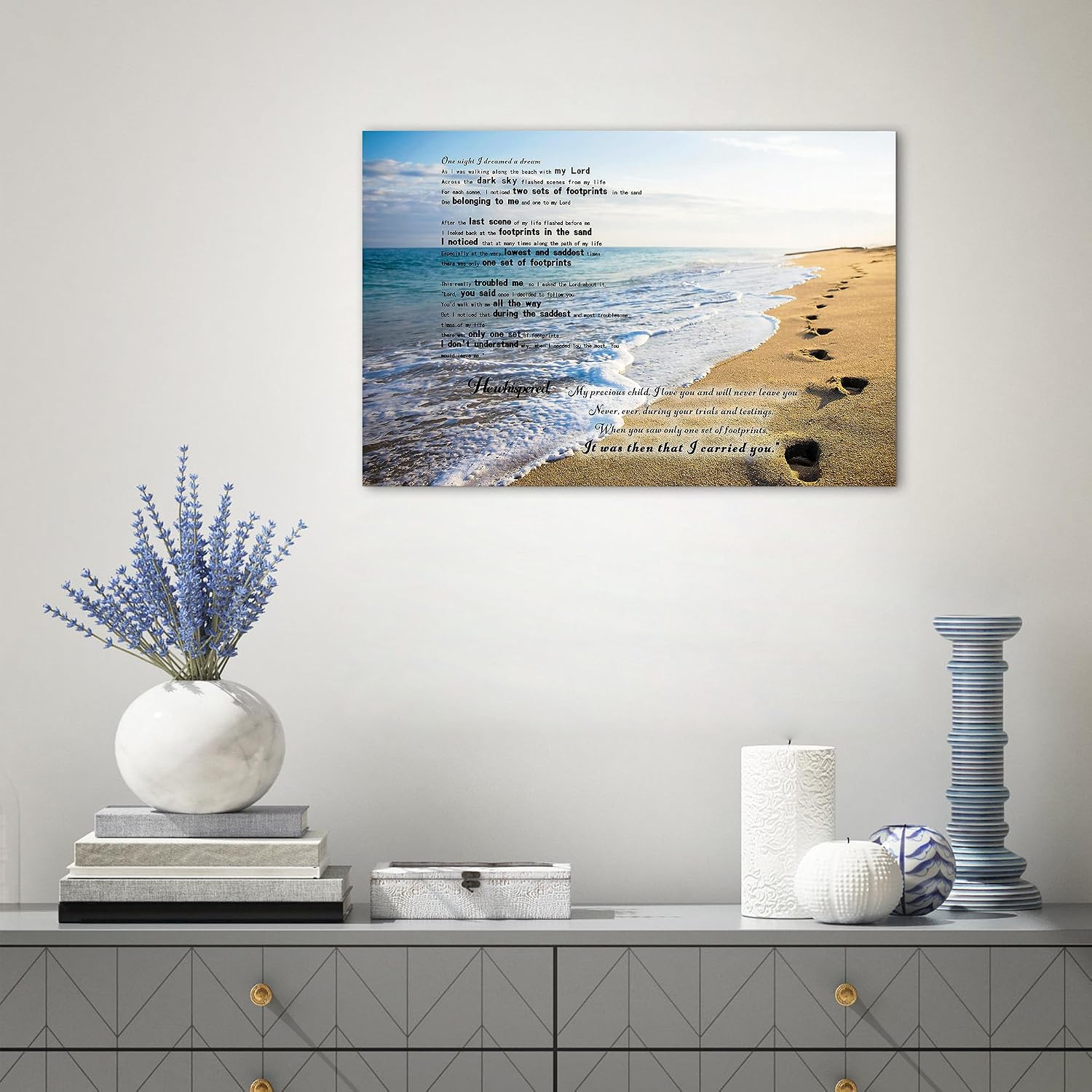 Footprints in the Sand Canvas Prints Wall Art, Footprints in the Sand Wall Art Decor, Inspirational Christian Poem Wall Poster Gift, Beach Picture Wall Art for Living Room Beach Office 18"Hx24"WInches
