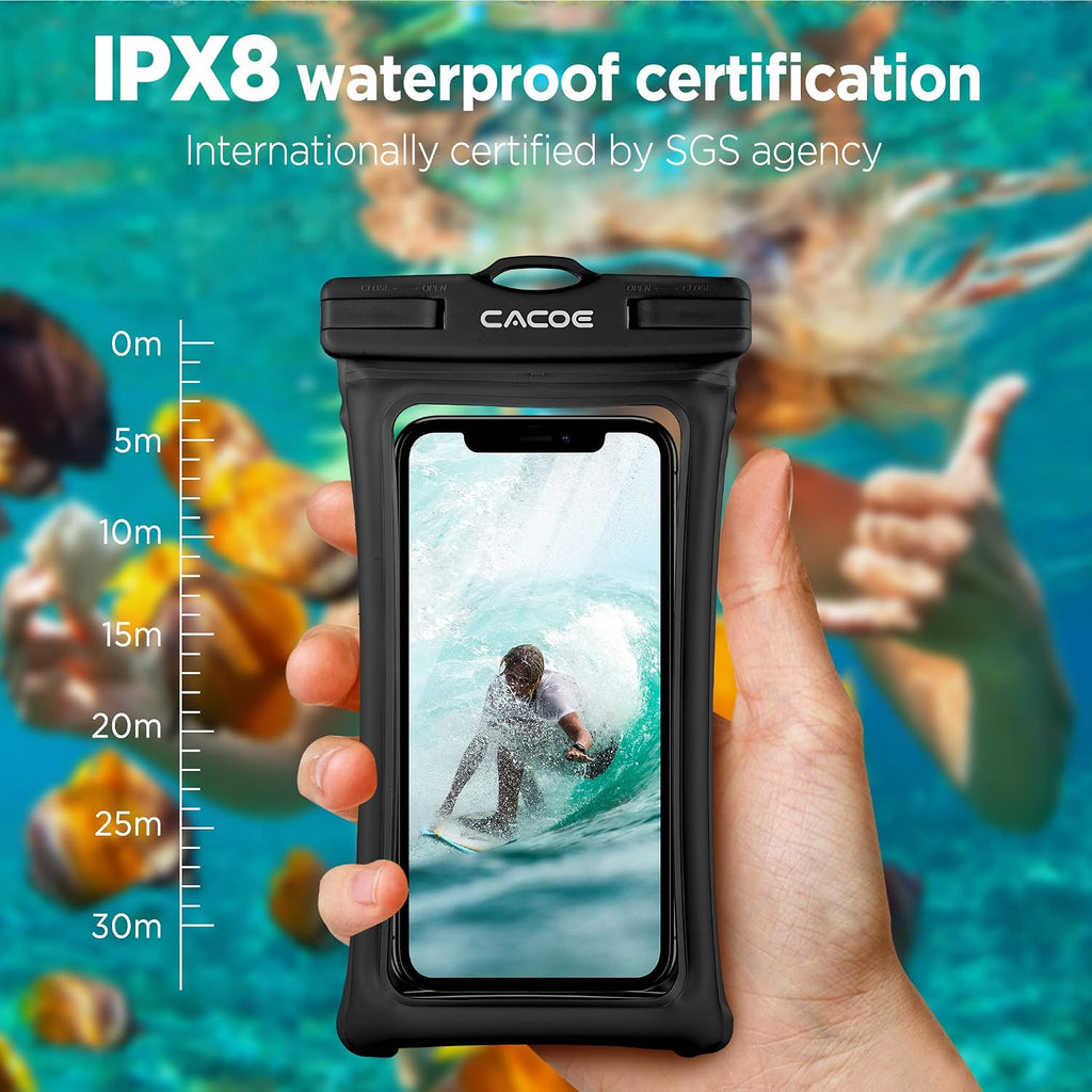 CACOE Floatable Waterproof Phone Pouch 2 Pack Up to 7.0",Black+Black