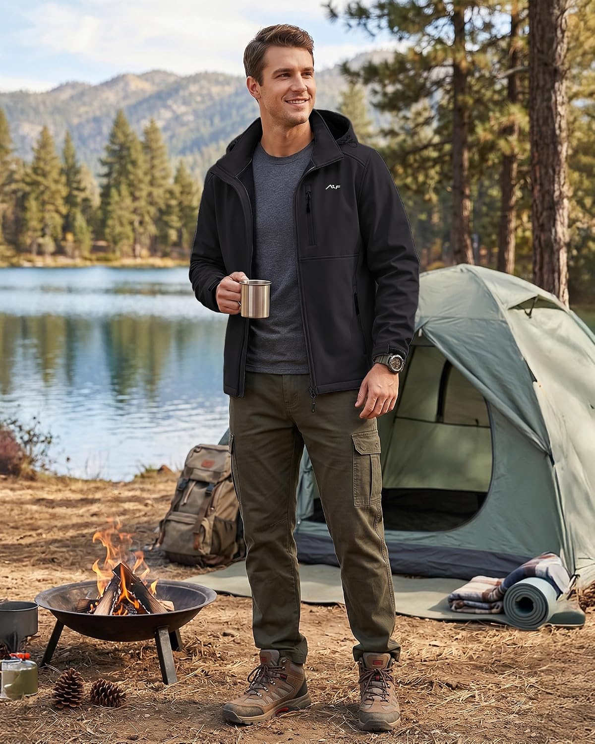 WULFUL Men's Softshell Jacket Waterproof Lightweight Insulated Windbreaker Fleece Lined Rain Shell Jacket for Hiking Travel