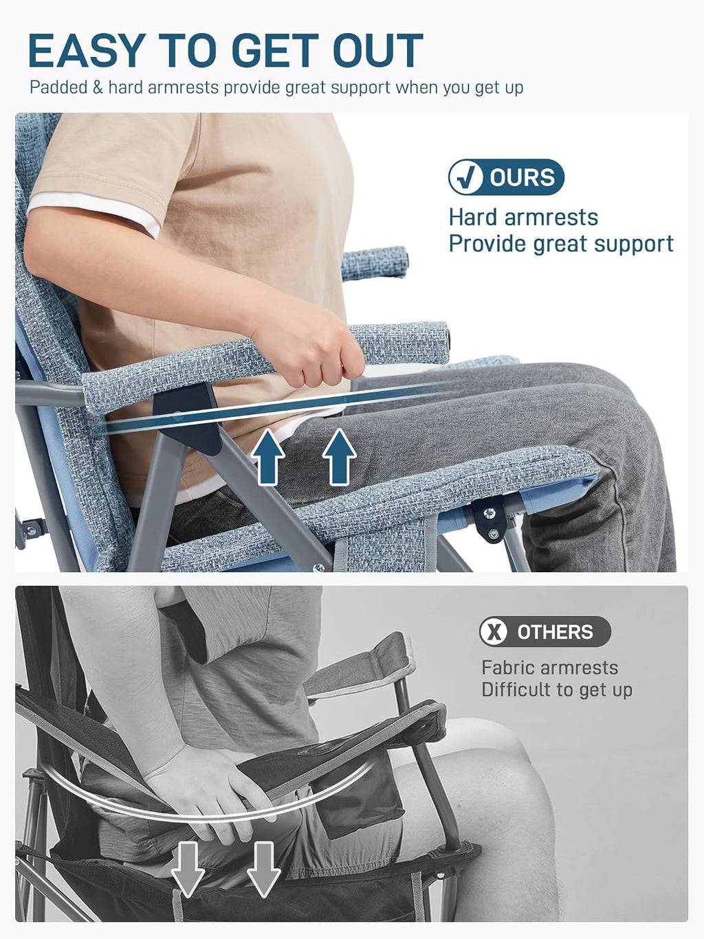 EVER ADVANCED Oversized Rocking Camping Chair, Padded Folding Rocker for Adults with Hard Armrests, 400lbs Heavy Duty Portable Chair for Patio, Lawn and Outdoors, Sky Blue
