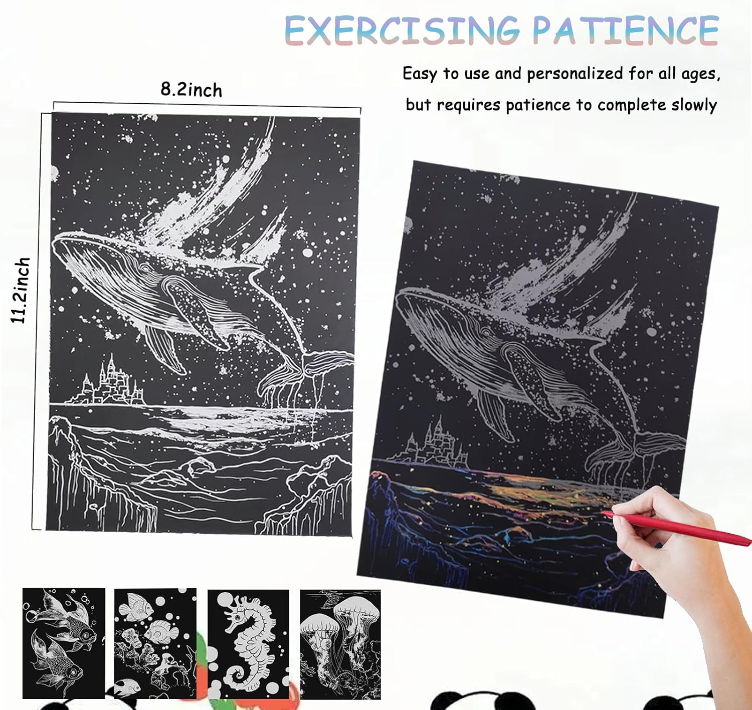 Scratch Art Adult DIY Paint by Scratch Rainbow Scratch Paper Art Colorful Sketches Scratch with 5 Scratch Tool for DIY Craft Gift（Ocean World）