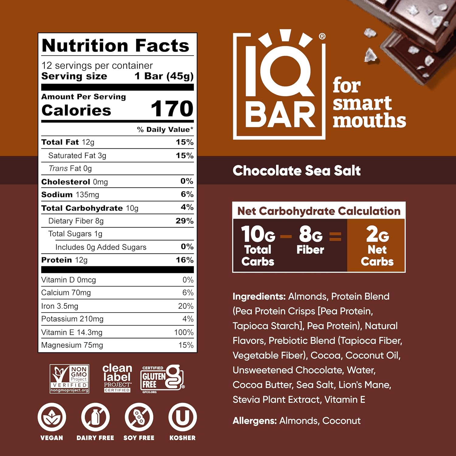 IQBAR Clean Protein Bars, Low Sugar Keto, Chocolate Sea Salt 36-Count