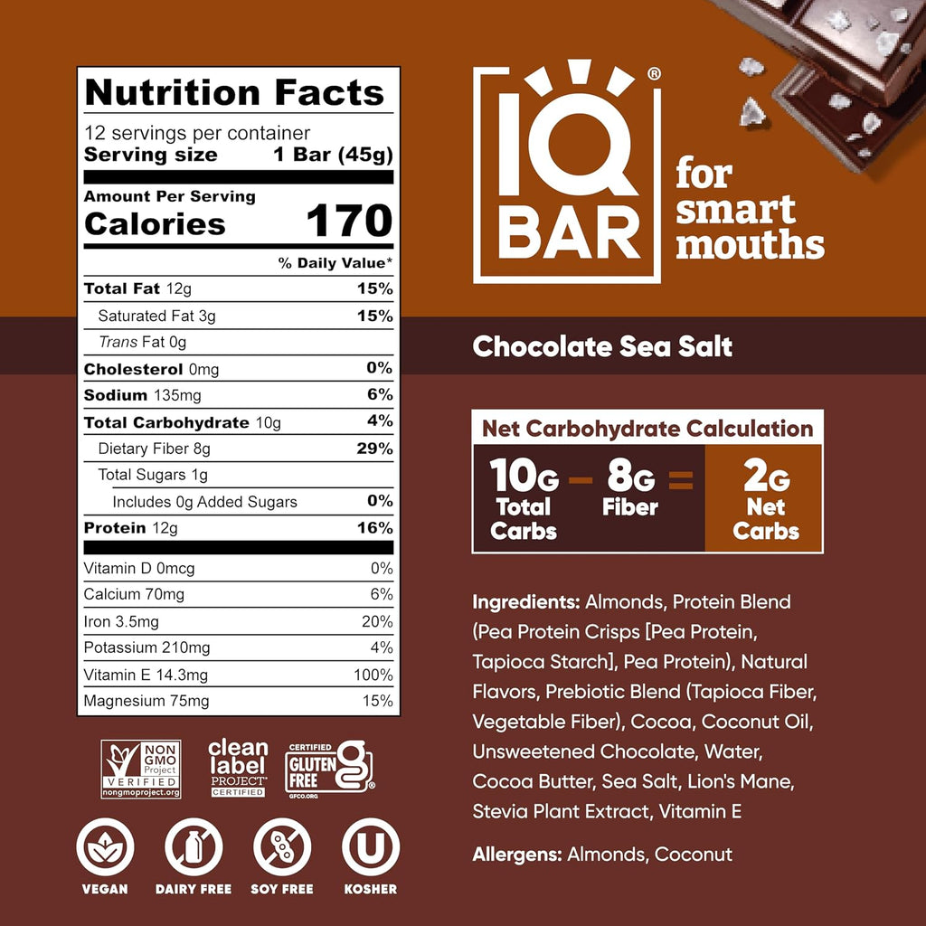 IQBAR Clean Protein Bars, Low Sugar Keto, Chocolate Sea Salt 24-Count