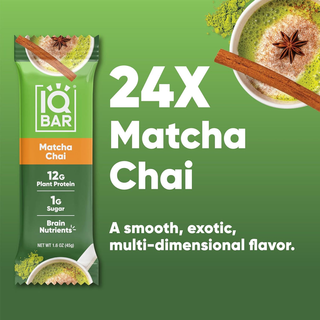 IQBAR Clean Protein Bars, Low Sugar Keto, Matcha Chai 24-Count