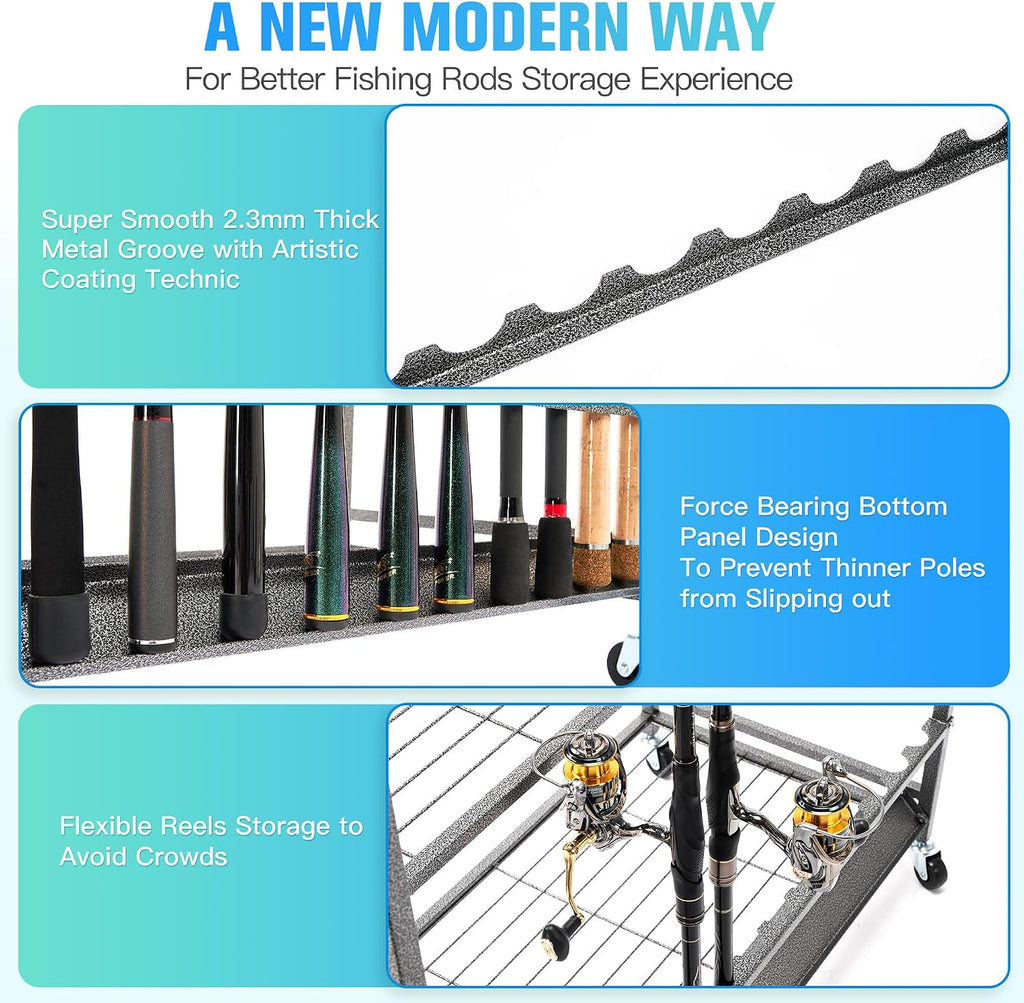PeBro Fishing Pole Holders, Fishing Rod Holders for Garage, Fishing Rod Holder for Fishing Rod Tackle Box Reel Storage, All-In-One Fishing Rod Rack with Hooks and Wheels