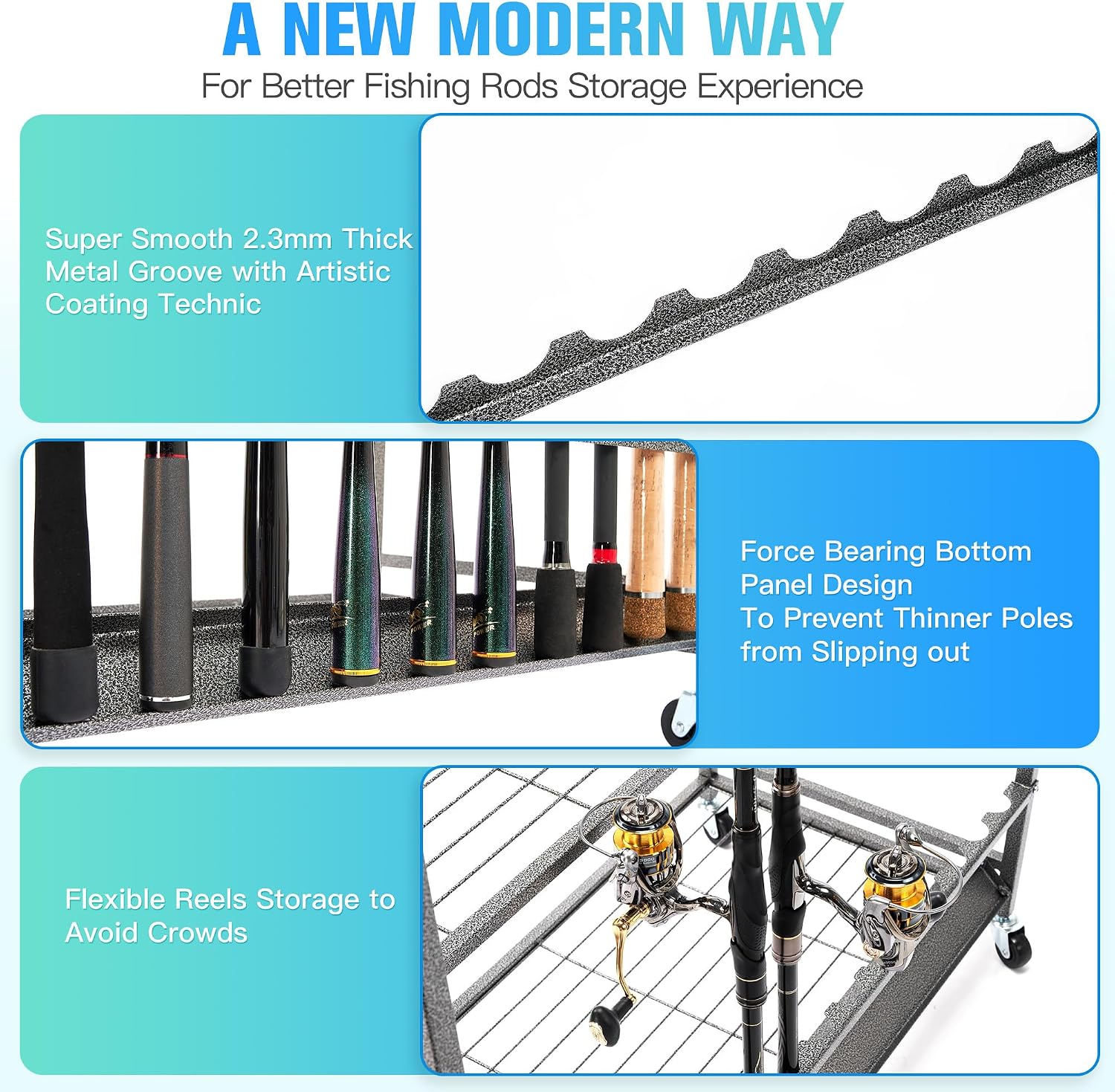 PeBro Fishing Pole Holders, Fishing Rod Holders for Garage, Fishing Rod Holder for Fishing Rod Tackle Box Reel Storage, All-In-One Fishing Rod Rack with Hooks and Wheels