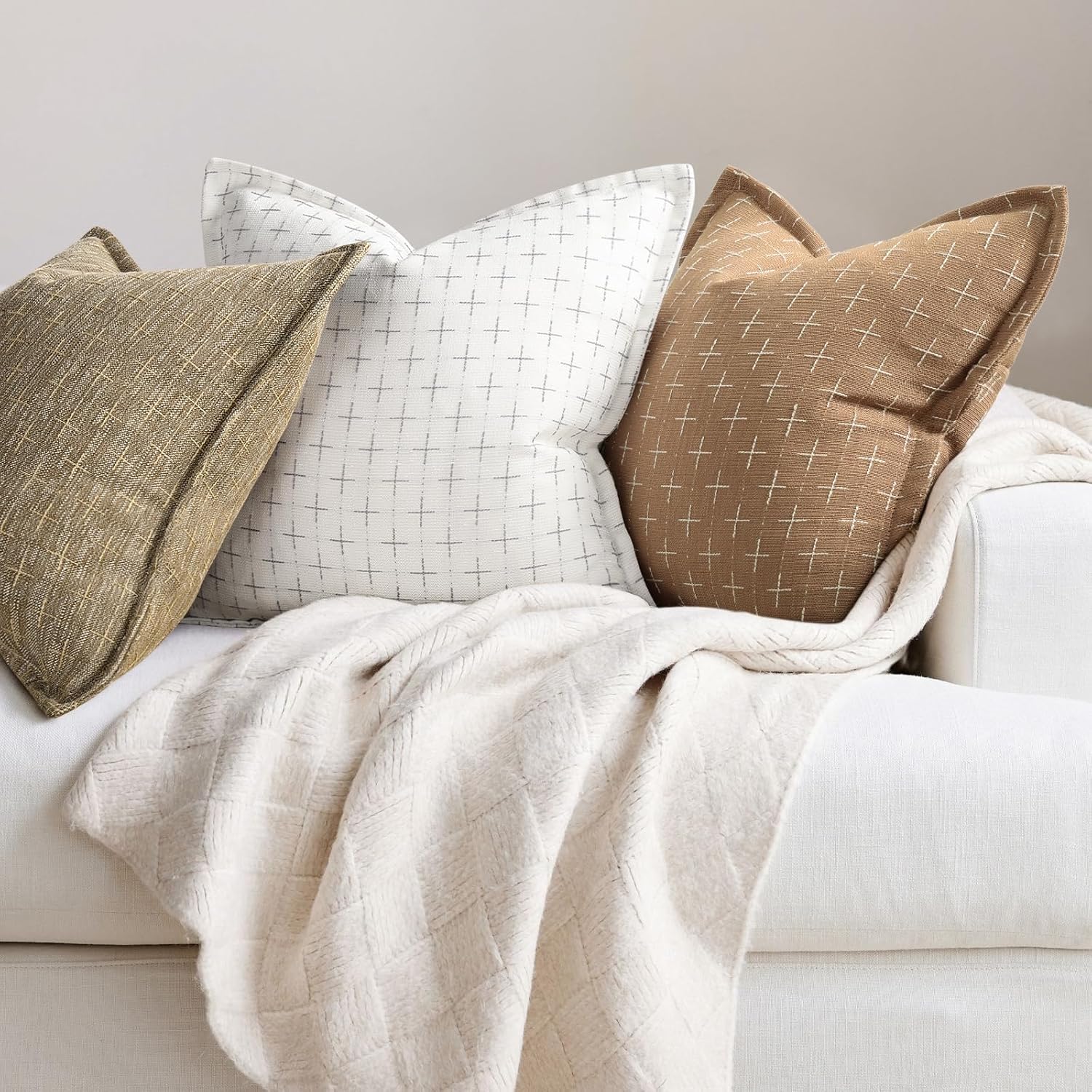 ZWJD Throw Pillow Pillow Covers 18x18 Set of 2 Soft Polyester Textured Pillow Covers with Stylish Flange Edge Cozy Farmhouse Throw Pillows for Couch Bed Sofa Living Room Camel