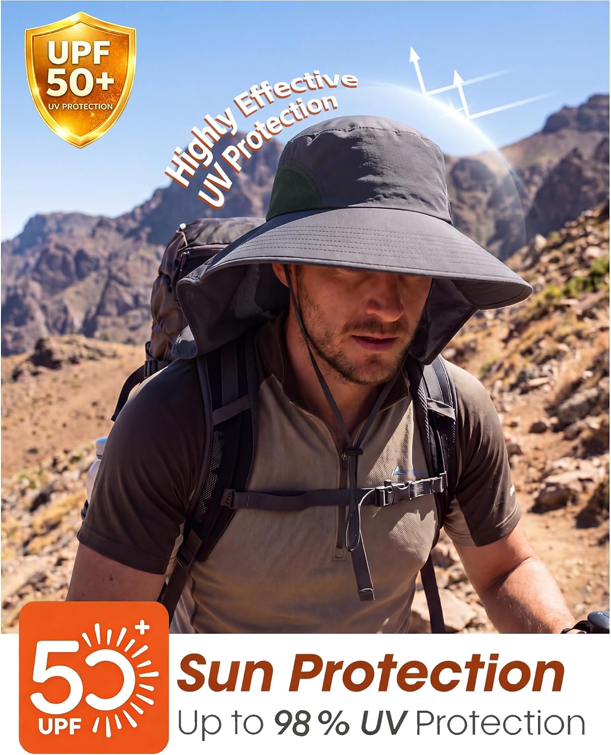Home Prefer Outdoor UPF50+ Sun Hat Wide Brim Mesh Fishing Hat with Neck Flap