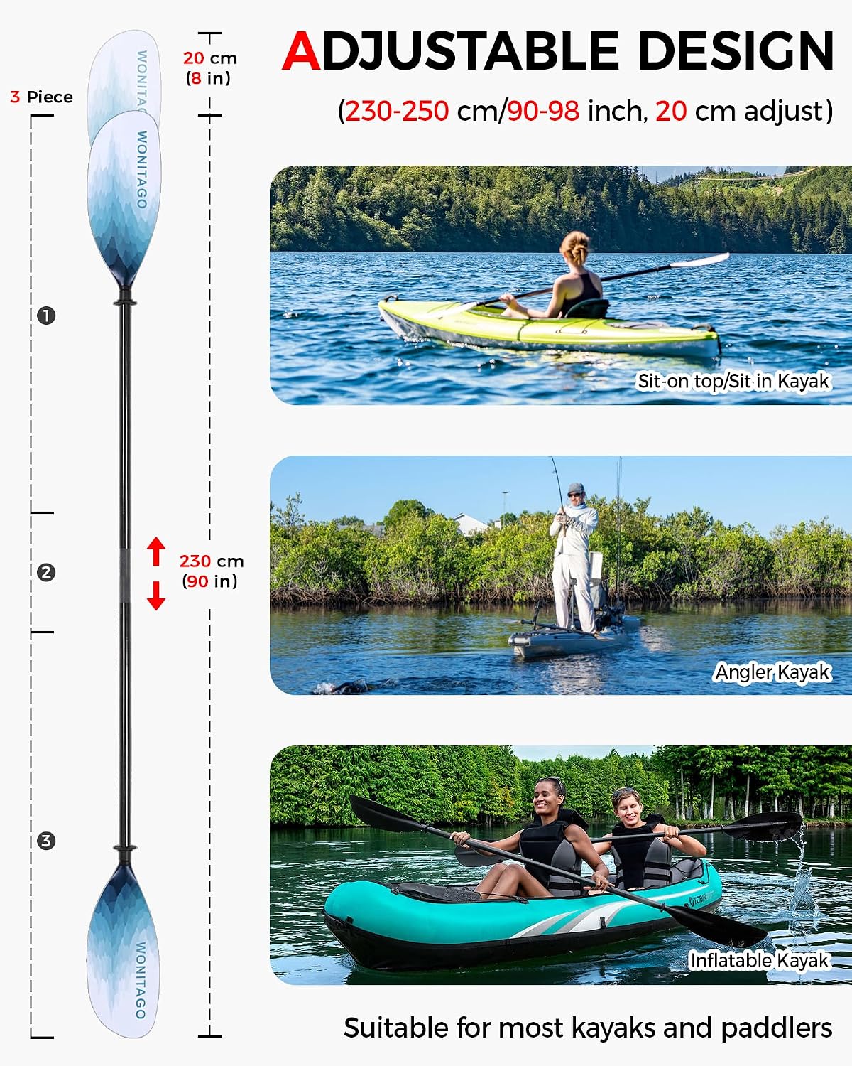 Adjustable Kayak Paddle with Carbon Fiber Shaft and Nylon Blade
