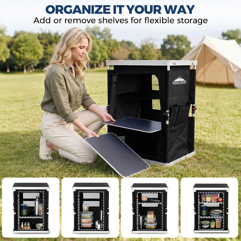 EAGLE PEAK Outdoor Folding Camping Table with Large 3-Tier Storage Organizer and Side Pockets, Easy Set Up Portable Aluminum Camping Kitchen, Black