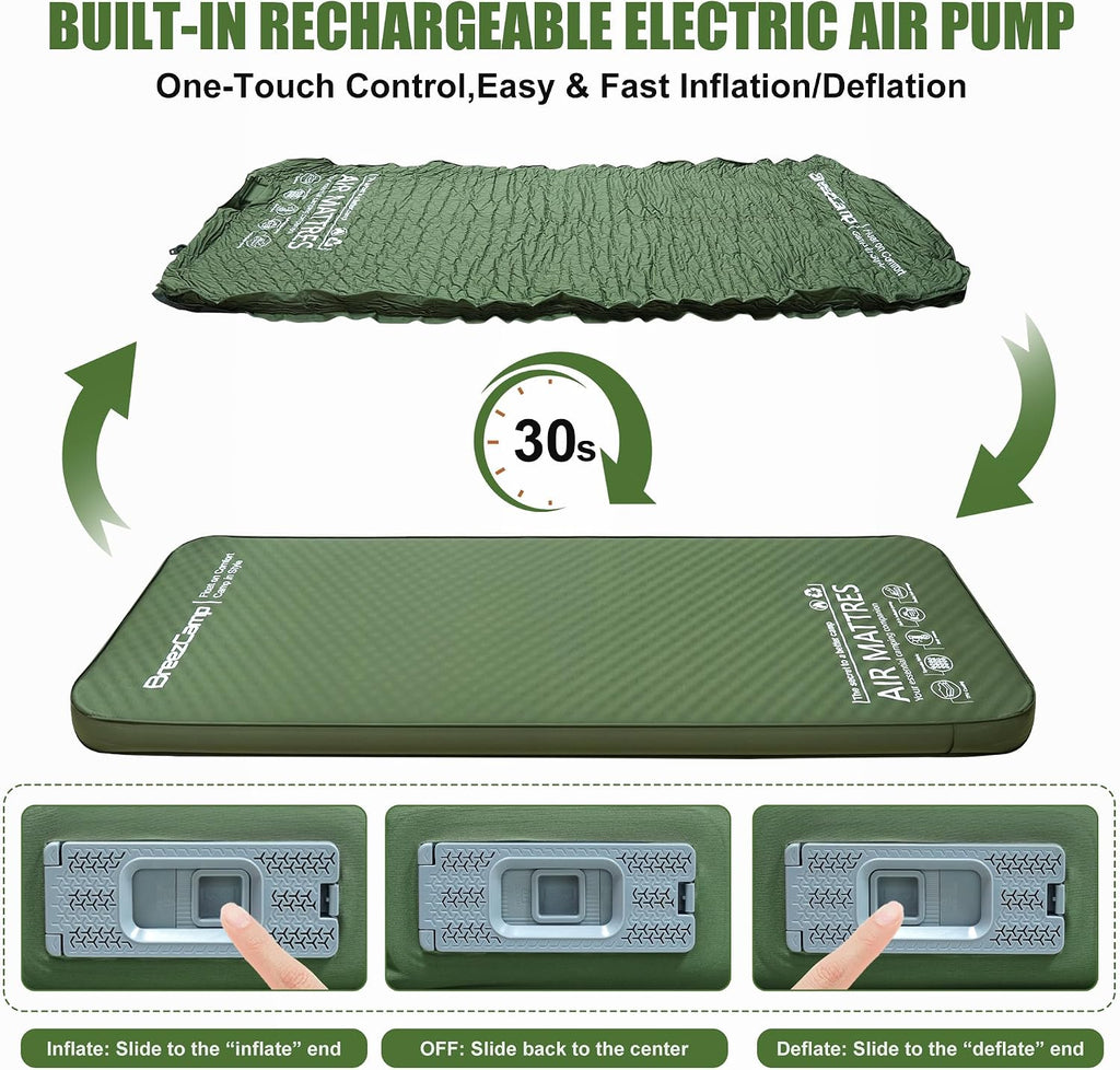 Self Inflating Sleeping Pad With Electric Pump, 4" Thick Memory Foam Sleeping Pad For Camping, 9.5 R-Value Insulated Sleeping Mat, All Season Camping Air Mattress For Tent Travel Car (Green)