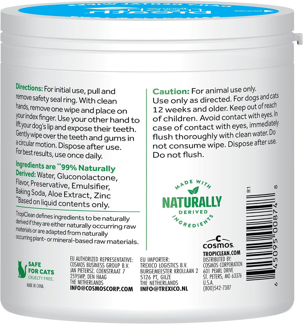 TropiClean Fresh Breath Dog Teeth Cleaning Dental Wipes, 50ct