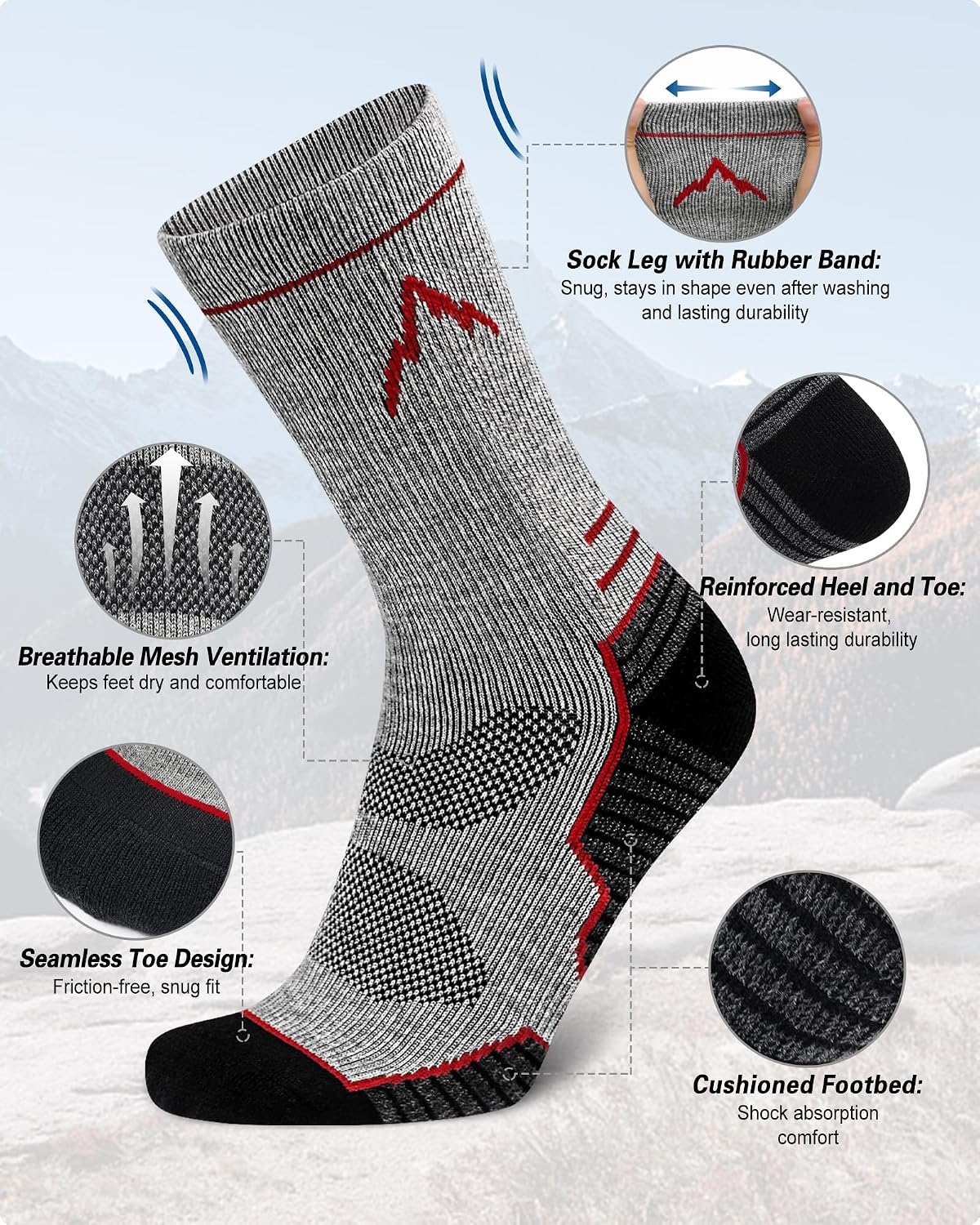 SIXDAYSOX Merino Wool Socks Mens, Crew Cushioned Hiking Socks Men Size 8-16