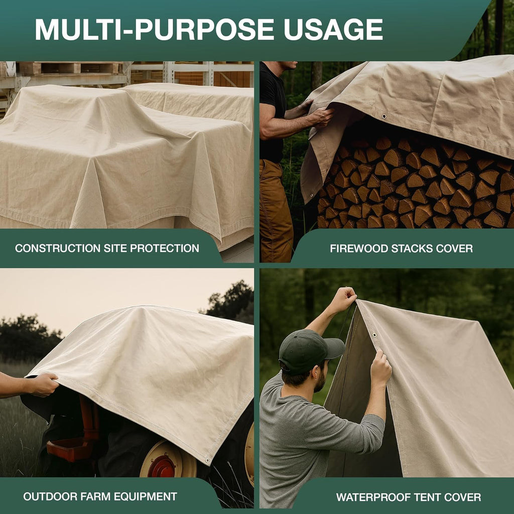 CCS Waterproof Canvas Tarp Cover – Heavy Duty Duck Cloth, Waxed Canvas Tarpaulin with Rustproof Brass Grommets for Camping, Construction, Equipment & Outdoor Use (White, 8x10 Ft)