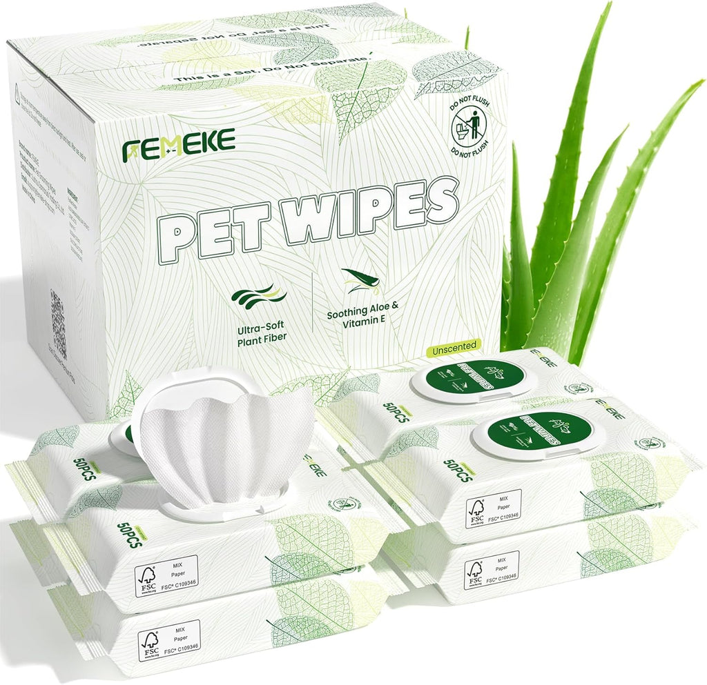 Unscented Dog Wipes & Cat Wipes (4x50 Packs) | Hypoallergenic, pH Balanced for Paws, Body, Eyes & Ears Grooming |All-Natural Plant Fiber Wipes with Aloe & Vitamin E | Pearl Texture